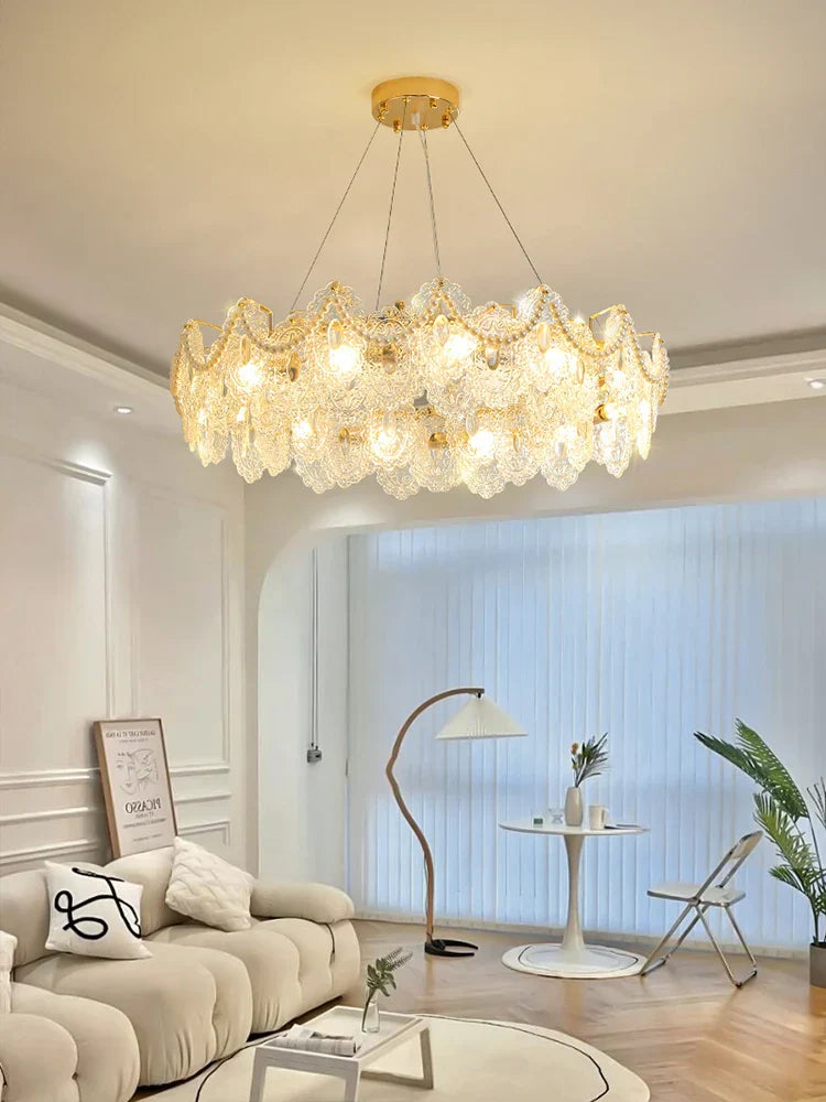 Elegant French Light Luxury Glass Chandelier - Modern Golden Rectangular Dining Room and Living Room Lighting Fixture
