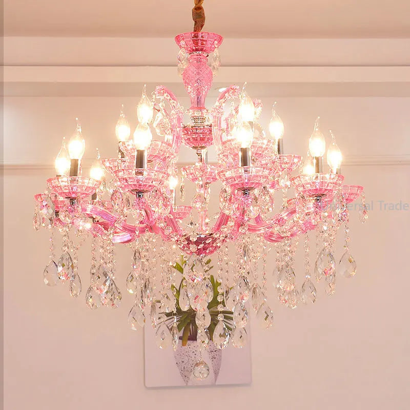 European Princess Crystal Chandelier - Choose from Warm Pink, Blue, Purple, or Red for Creative Room Decor