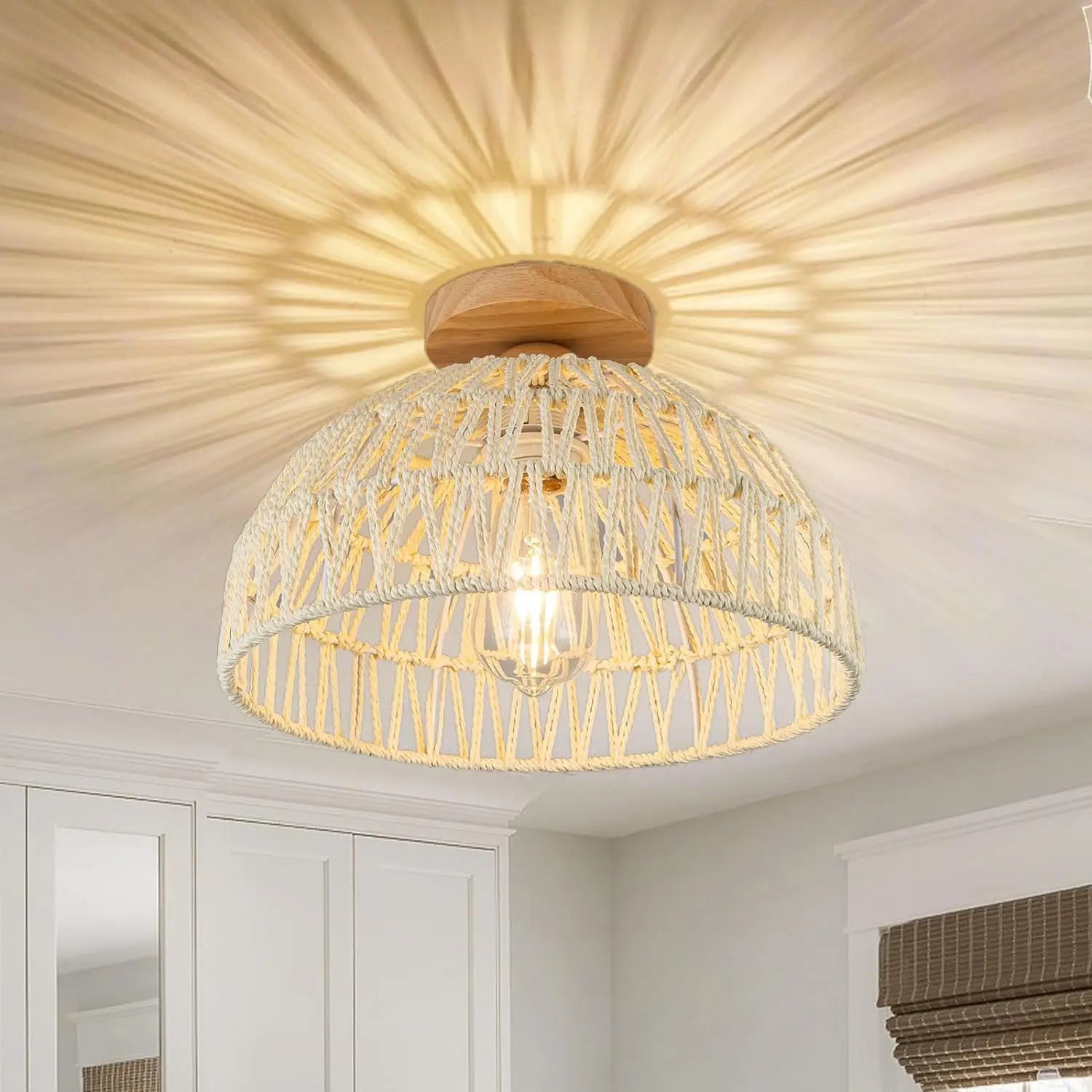 Boho Rattan Flush Mount Ceiling Light - Hand-Woven Elegance for Your Space