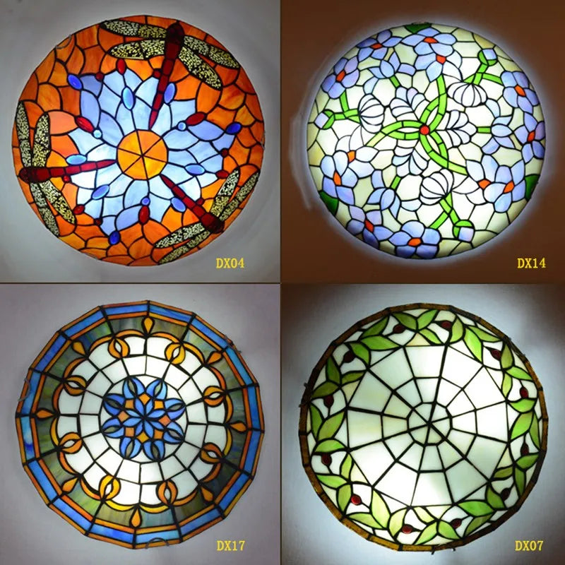 European-Style Tiffany Round Glass Ceiling Lights - Elegant Illumination for Restaurants, Corridors, Bedrooms, and More
