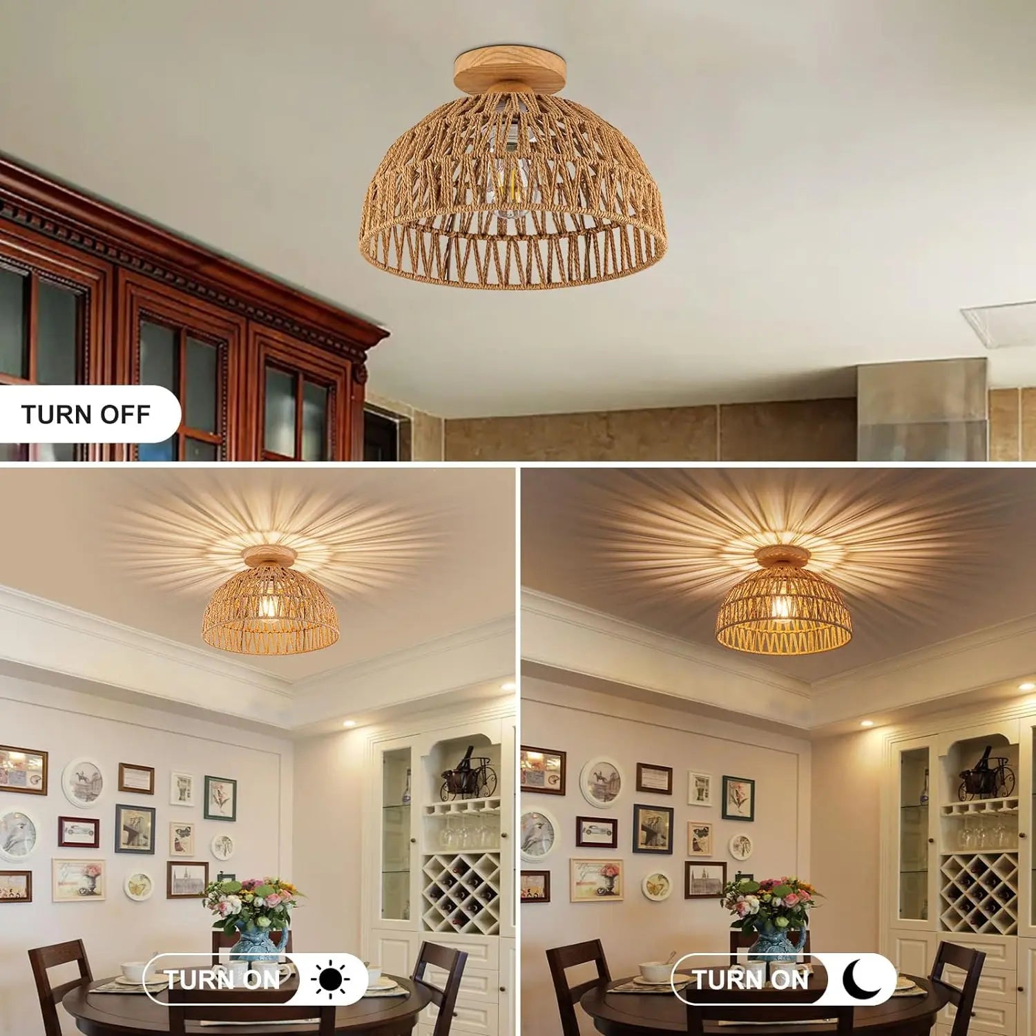 Boho Rattan Flush Mount Ceiling Light - Hand-Woven Elegance for Your Space