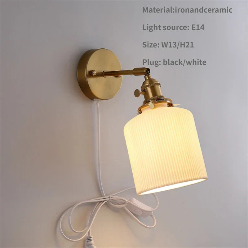 Rotary Brass Ceramic Wall Lamp with Pull Switch - Customizable LED Sconce for Bedroom and Interior Lighting