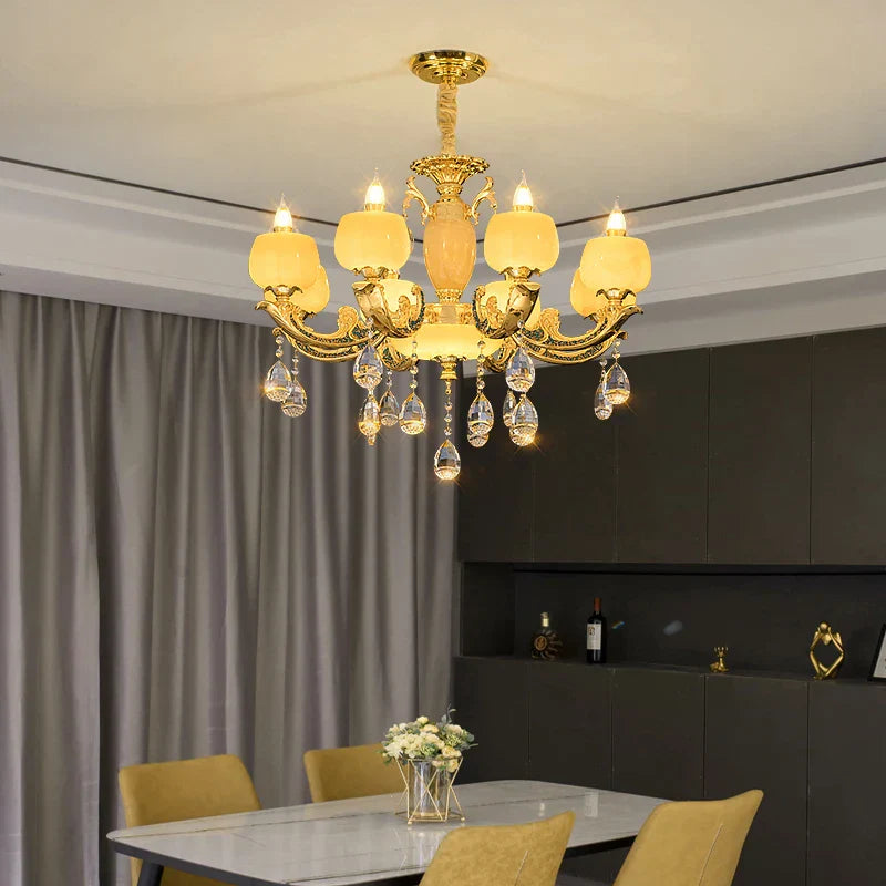 European Style Jade Crystal Chandelier - Luxury Lighting with Natural Marble Accents for Dining Rooms, Bedrooms, and Living Spaces
