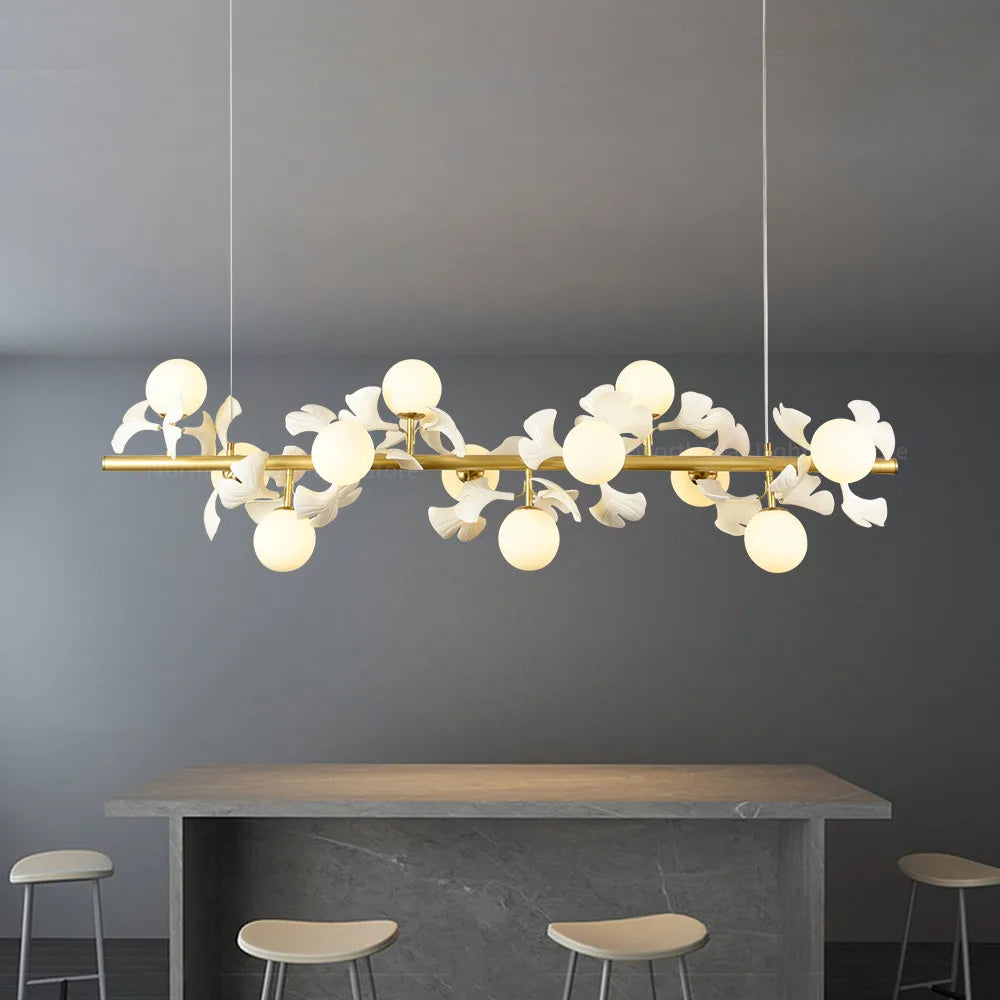 Nordic LED Chandelier - Ginkgo Leaf Design with Acrylic White Leaves for Living Rooms and Bedrooms, Round Glass Ball Light Fixture