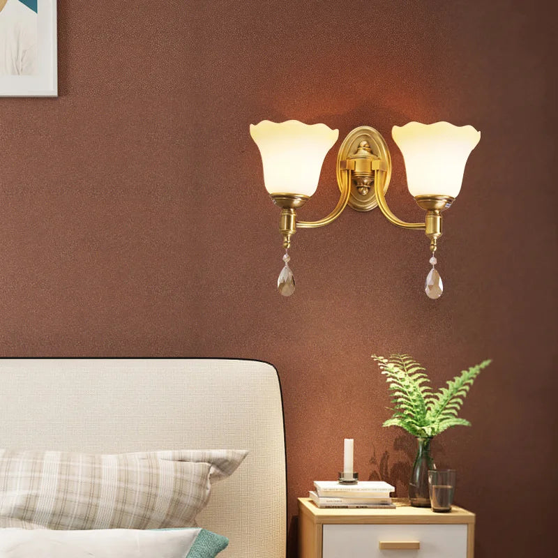Sophia - European-style Glass Wall Lamp Warm Living Room TV Background Wall Bedroom Bedside Double Head All Copper Simple Wall Lamp