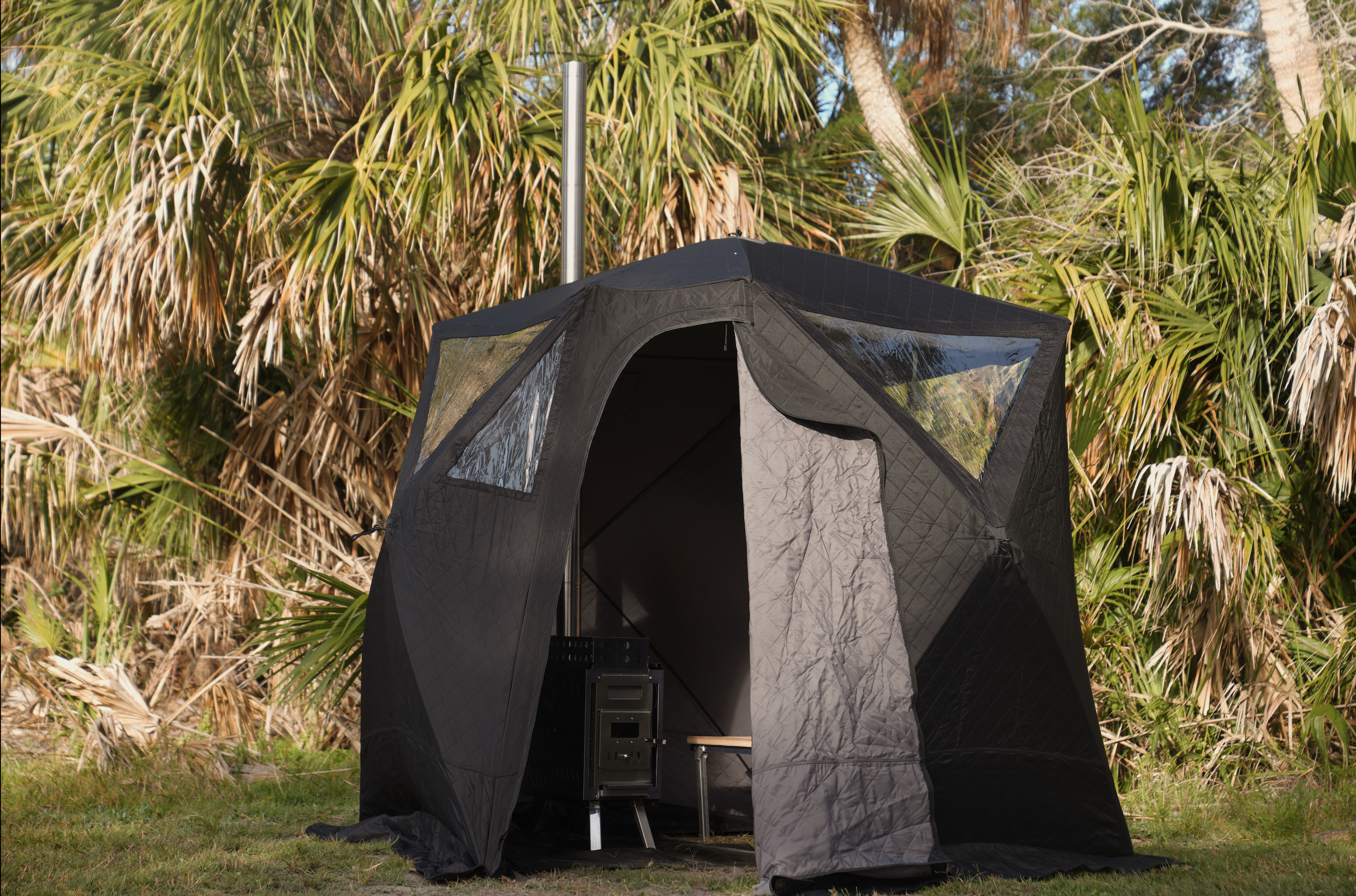 North Shore Sauna Nova 4 4-person portable wood-fired sauna tent set up outdoors