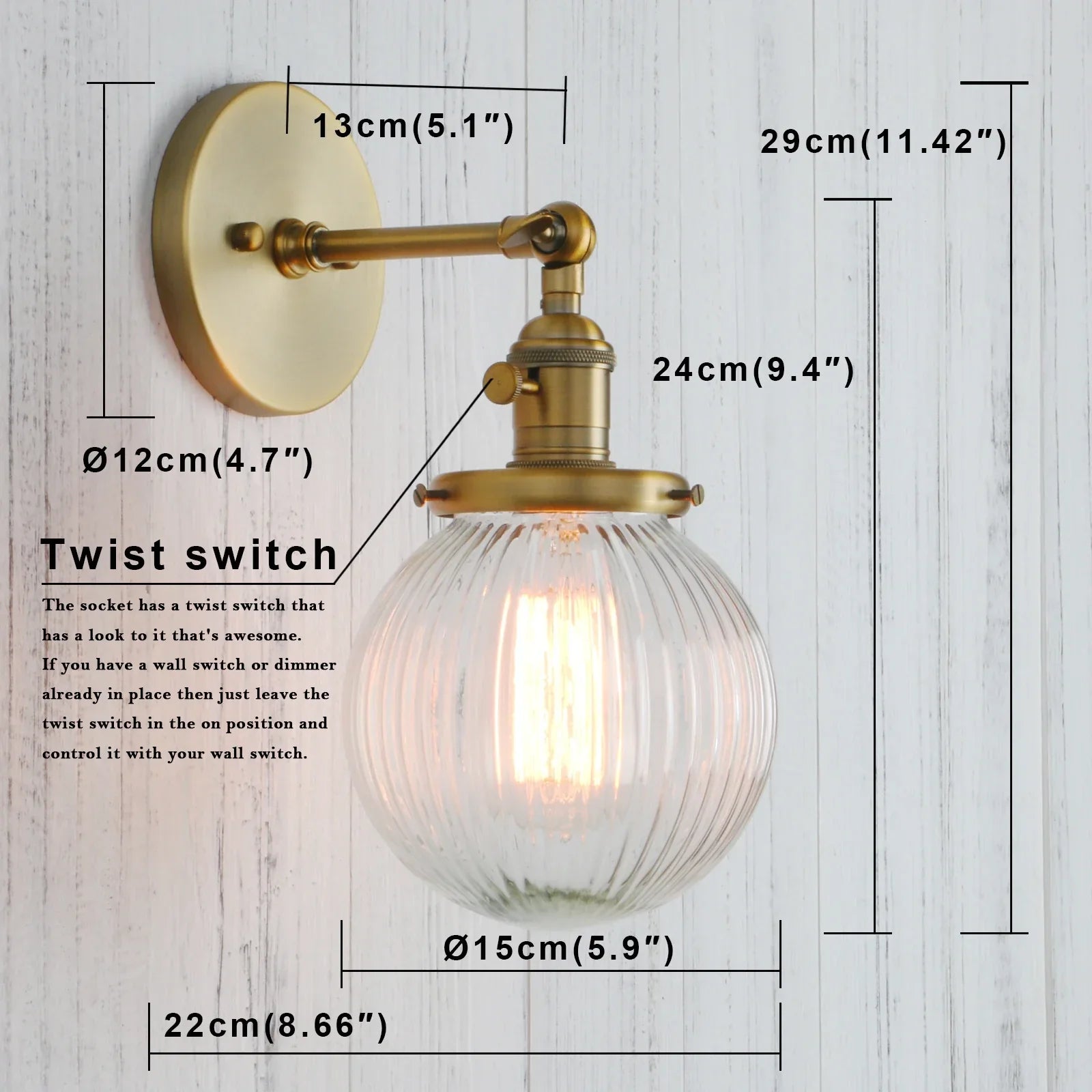 Permo Industrial Ribbed Globe Glass Wall Light - Stylish Switched Wall Sconces for Kitchen, Living Room, and Bedroom