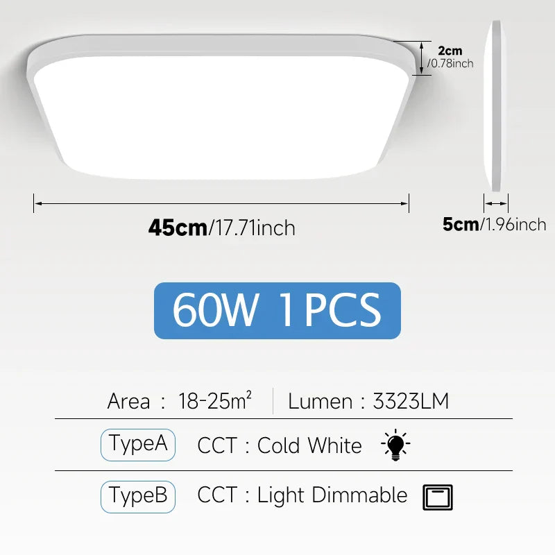 Large Modern Ceiling Lamp - 17.8-inch LED Panel Square Ceiling Light for Living Room, Bedroom, Kitchen, and Home - Powerful 60W Fixture