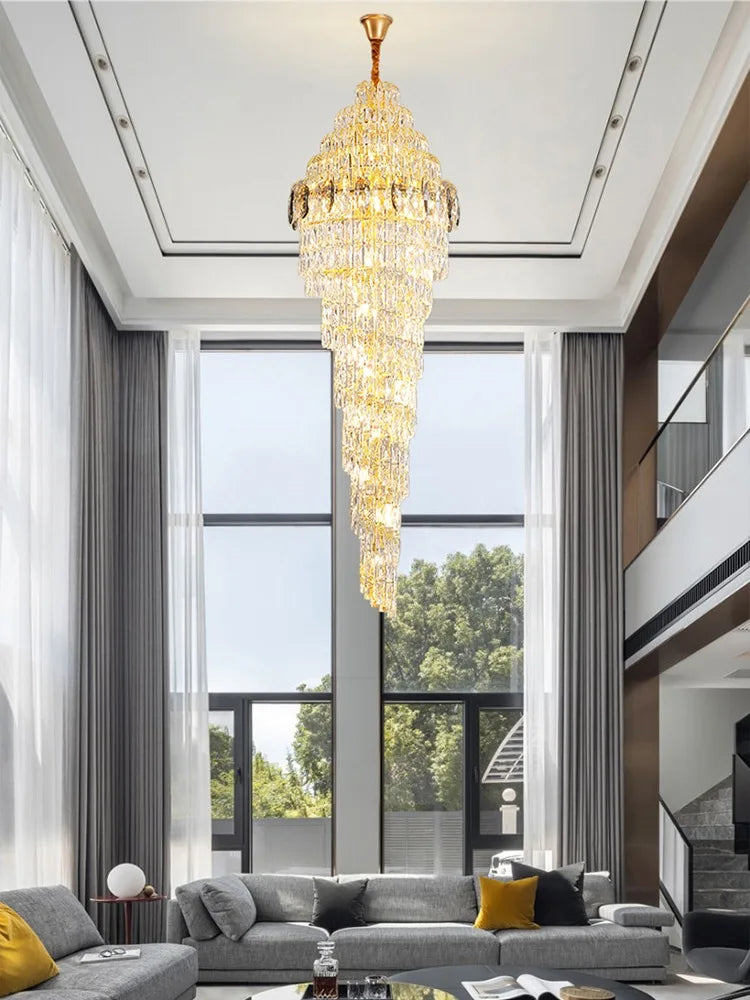 Modern Luxury Staircase Chandelier - Golden Elegance with Crystal Accents for Duplex Buildings, High Ceilings, and Decorative Lighting