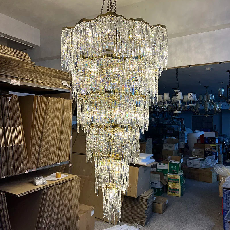 Elegant Golden Art Staircase Grand Chandelier - Luxury Crystal Illumination for Villa Halls with High Ceilings