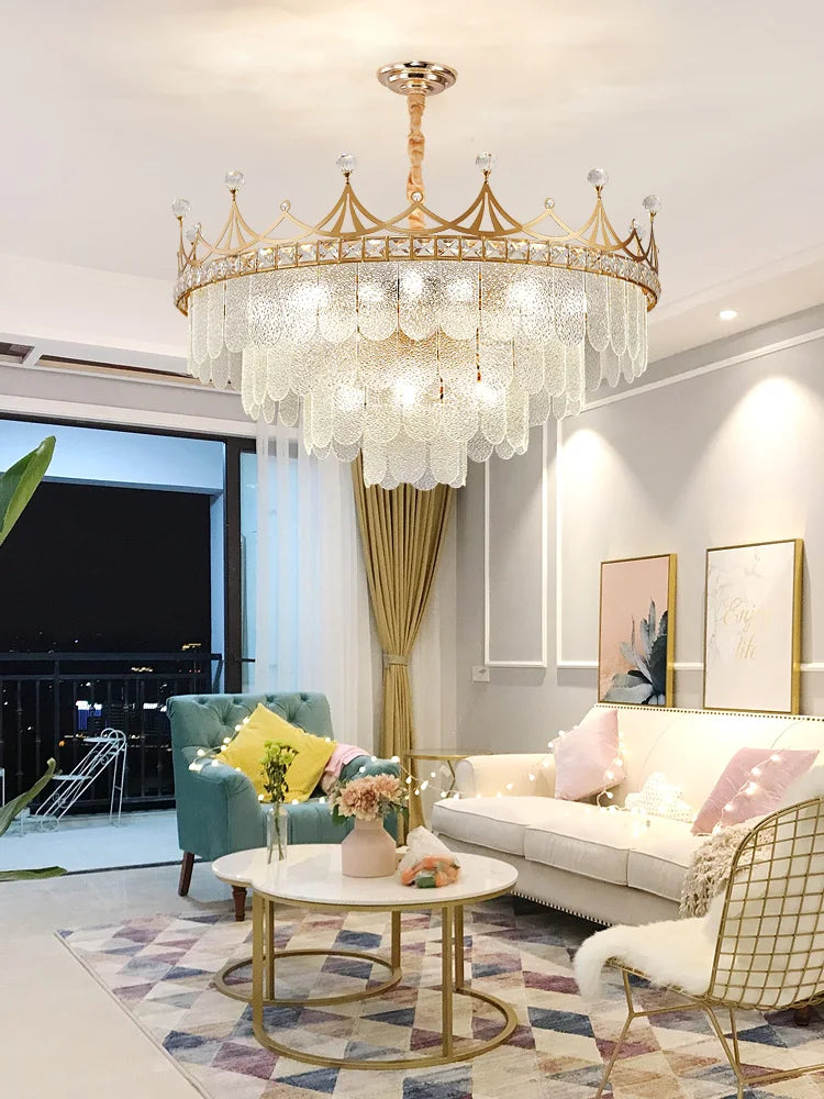 Elegant Modern Minimalist Crown K9 Crystal Chandelier - A Round Golden Fixture for Living Rooms and Bedrooms