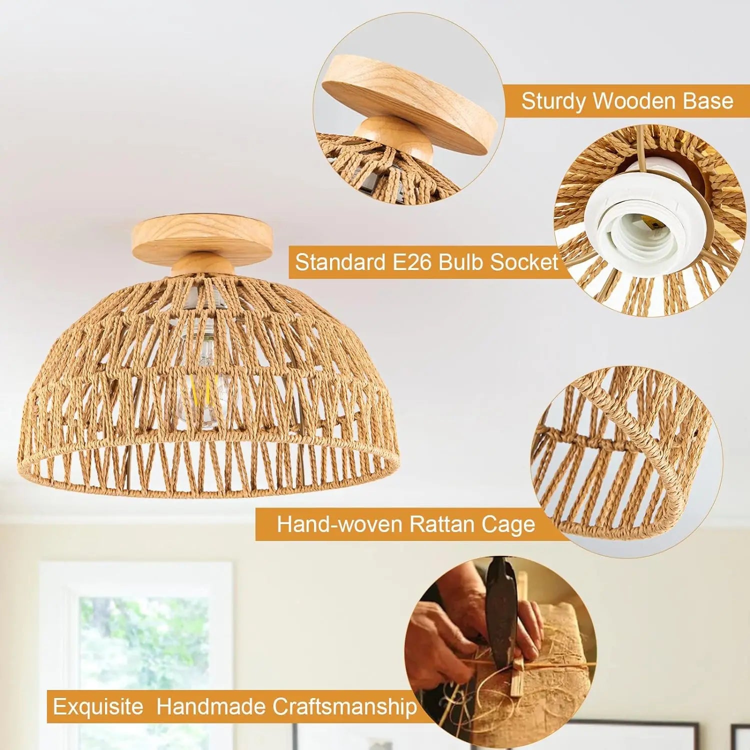 Boho Rattan Flush Mount Ceiling Light - Hand-Woven Elegance for Your Space