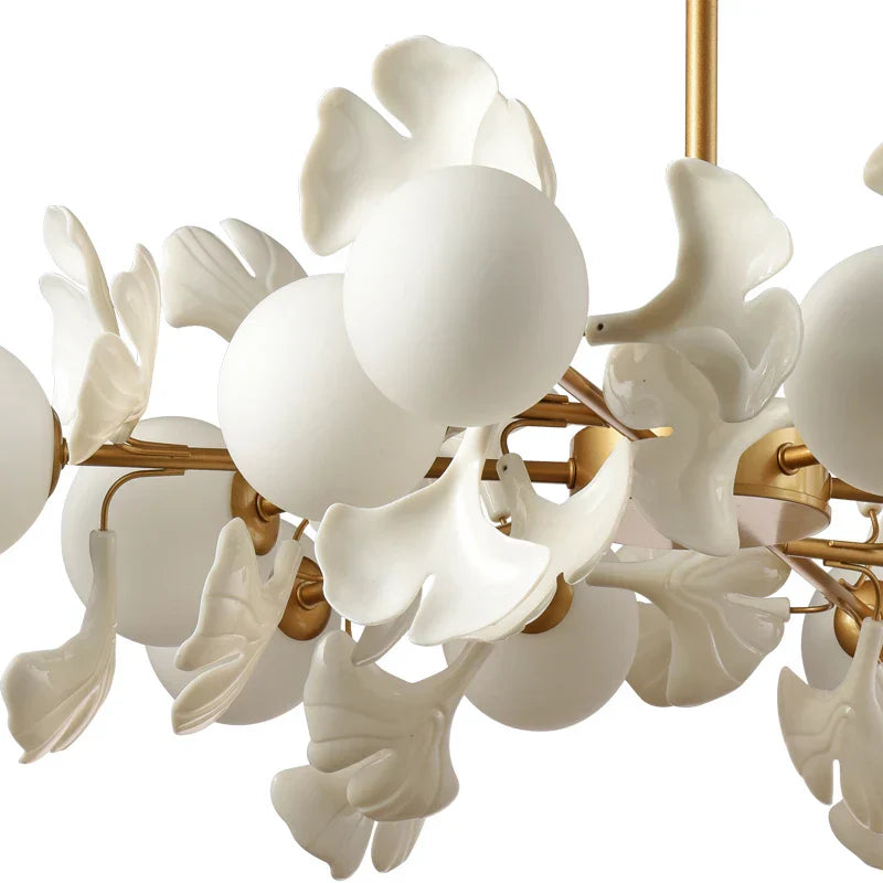 Nordic LED Chandelier - Ginkgo Leaf Design with Acrylic White Leaves for Living Rooms and Bedrooms, Round Glass Ball Light Fixture