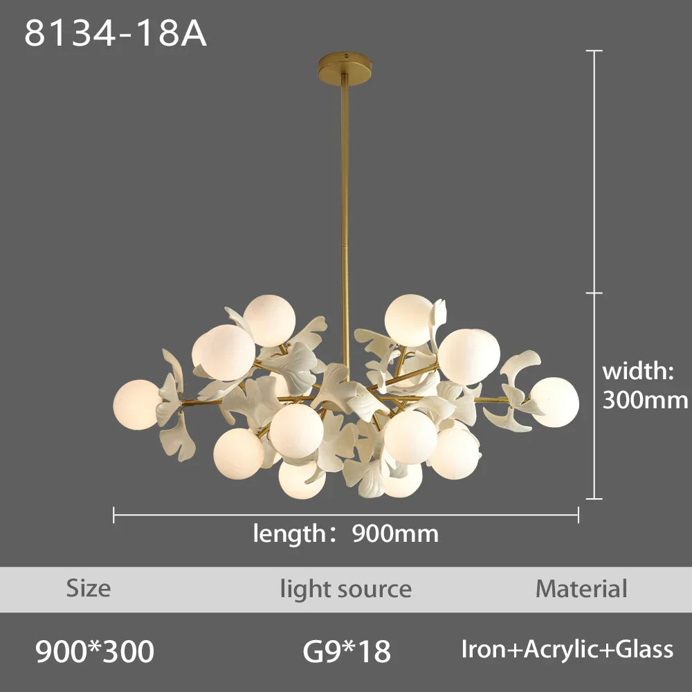 Nordic LED Chandelier - Ginkgo Leaf Design with Acrylic White Leaves for Living Rooms and Bedrooms, Round Glass Ball Light Fixture