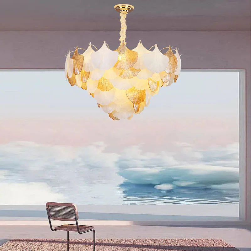 Modern LED Ginkgo Leaves Ceiling Chandelier - Elegant French Glass Lustre Decor Light