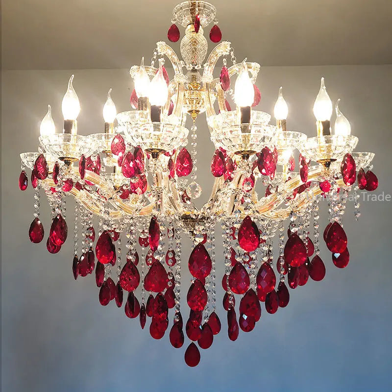 European Princess Crystal Chandelier - Choose from Warm Pink, Blue, Purple, or Red for Creative Room Decor