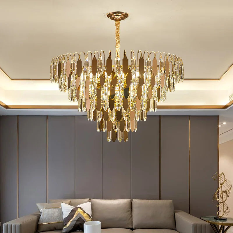 Modern LED Luxury Triangular Multi-Level Crystal Chandelier - Elegant Illumination for Living Rooms, Bedrooms, and Dining Spaces