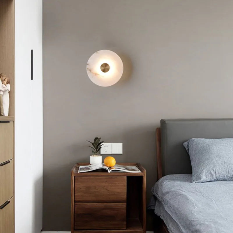 Art Deco Round LED Wall Sconce - Natural Marble and Brass Elegance for Parlor, Aisle, and Corridor Atmosphere Decoration