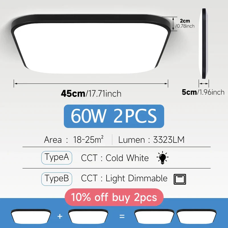 Large Modern Ceiling Lamp - 17.8-inch LED Panel Square Ceiling Light for Living Room, Bedroom, Kitchen, and Home - Powerful 60W Fixture