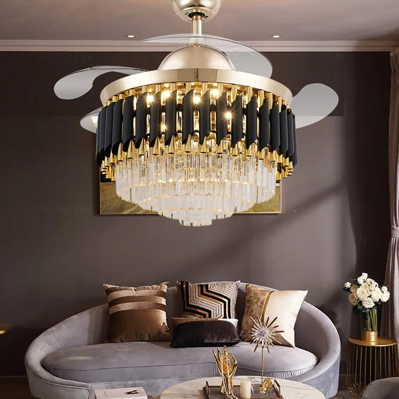 Luxury Crystal Ceiling Fan Chandelier with 110/120cm Blades for Living Room Restaurant Decor Nordic LED Suspension Light