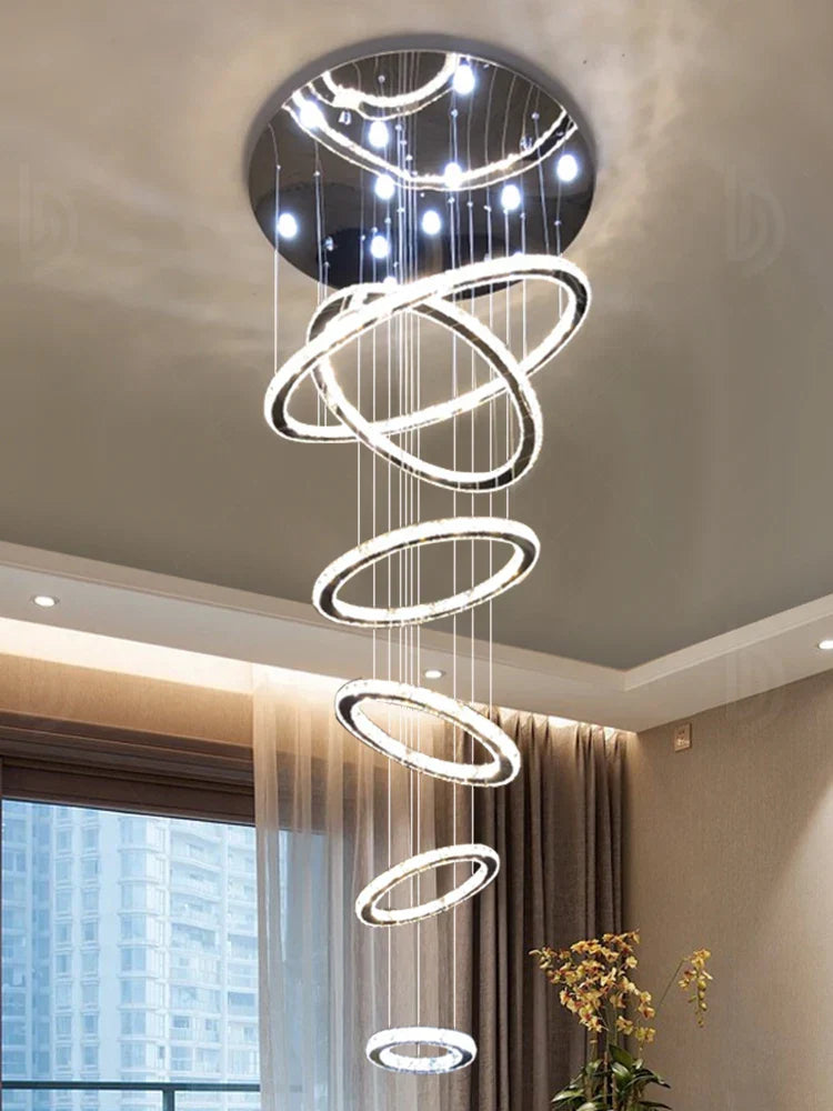 Modern Luxury Crystal Staircase Chandelier - Rings Design for Loft, Villa, and Lobby Indoor Lighting