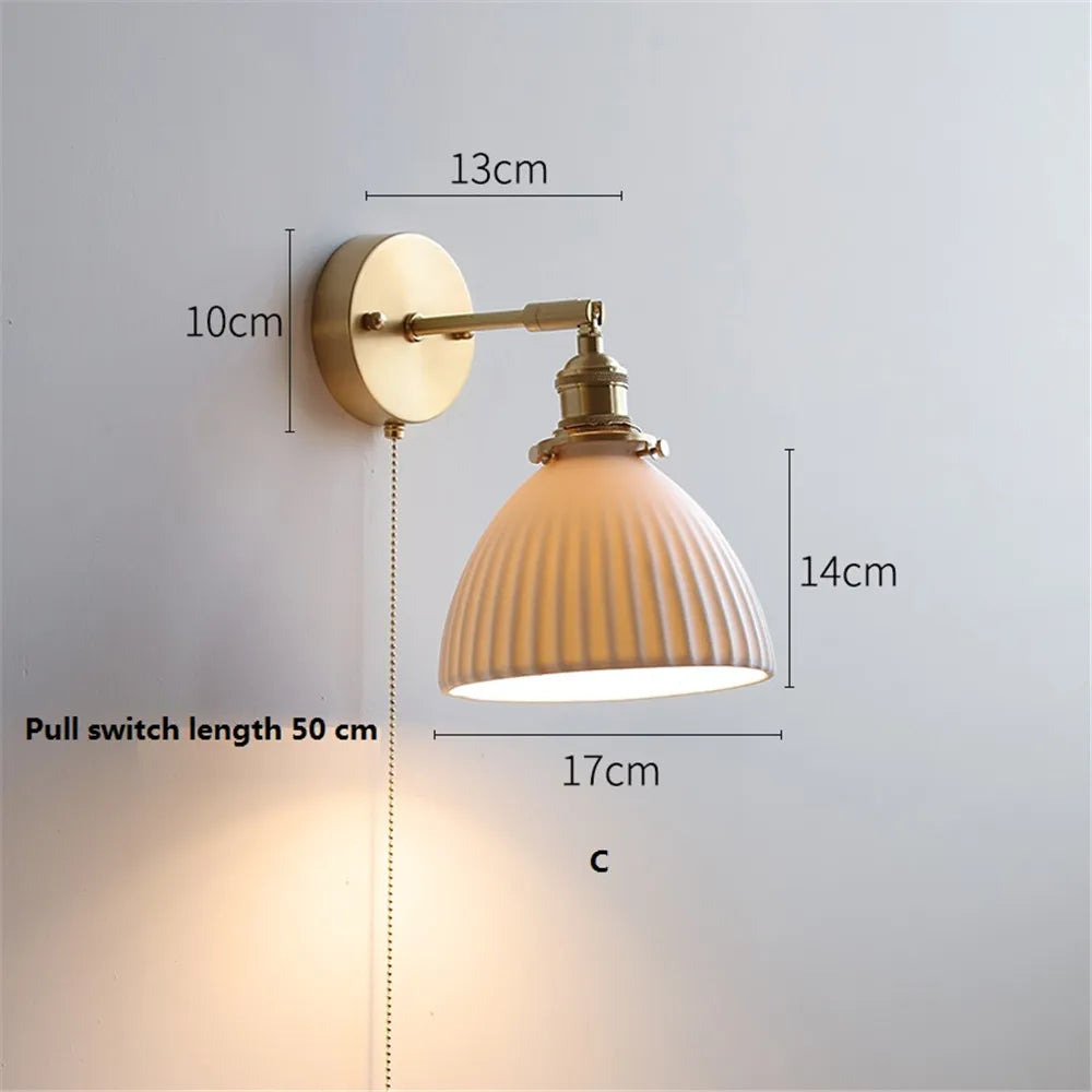 Nordic Home Decoration Bedside Ceramic Wall Light - LED Fixture with Pull Switch for Living Room and Bedroom, Adjustable Sconce Lamp
