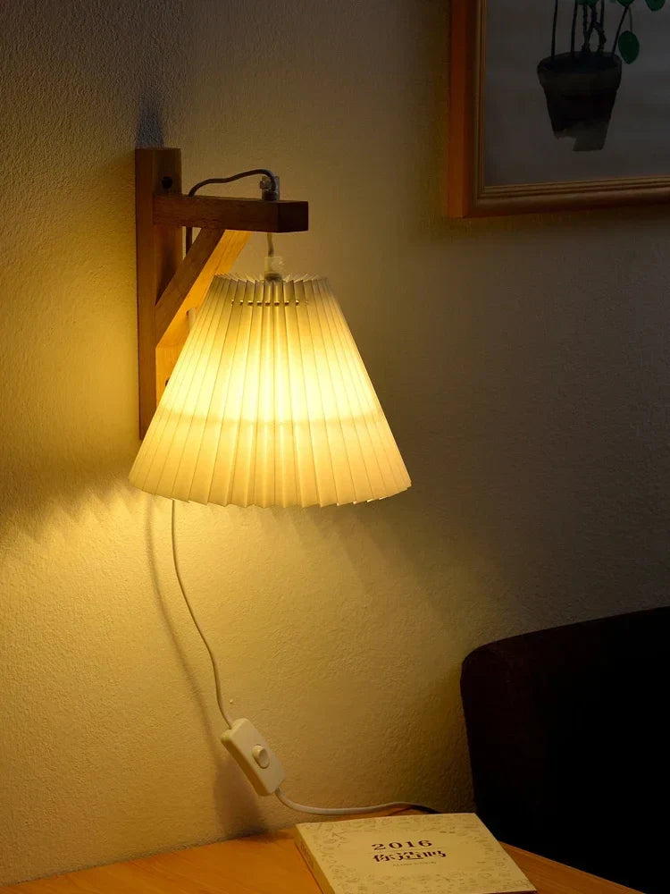 Nordic Pleated Solid Wood Wall Lamp with Plug - Simple and Stylish Lighting for Bedroom, Bedside, and Study