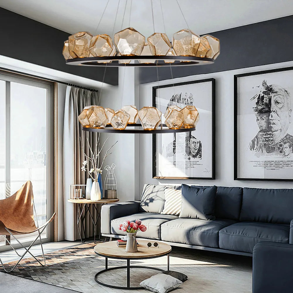 Modern LED Chandelier Lighting - Nordic Rock Glass Elegance for Living Rooms and More