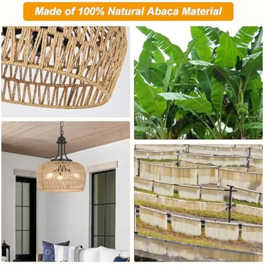 Boho Rattan Farmhouse Chandelier - 3-Light Ceiling Fixture with Exquisite Woven Lampshade for Your Dining Room