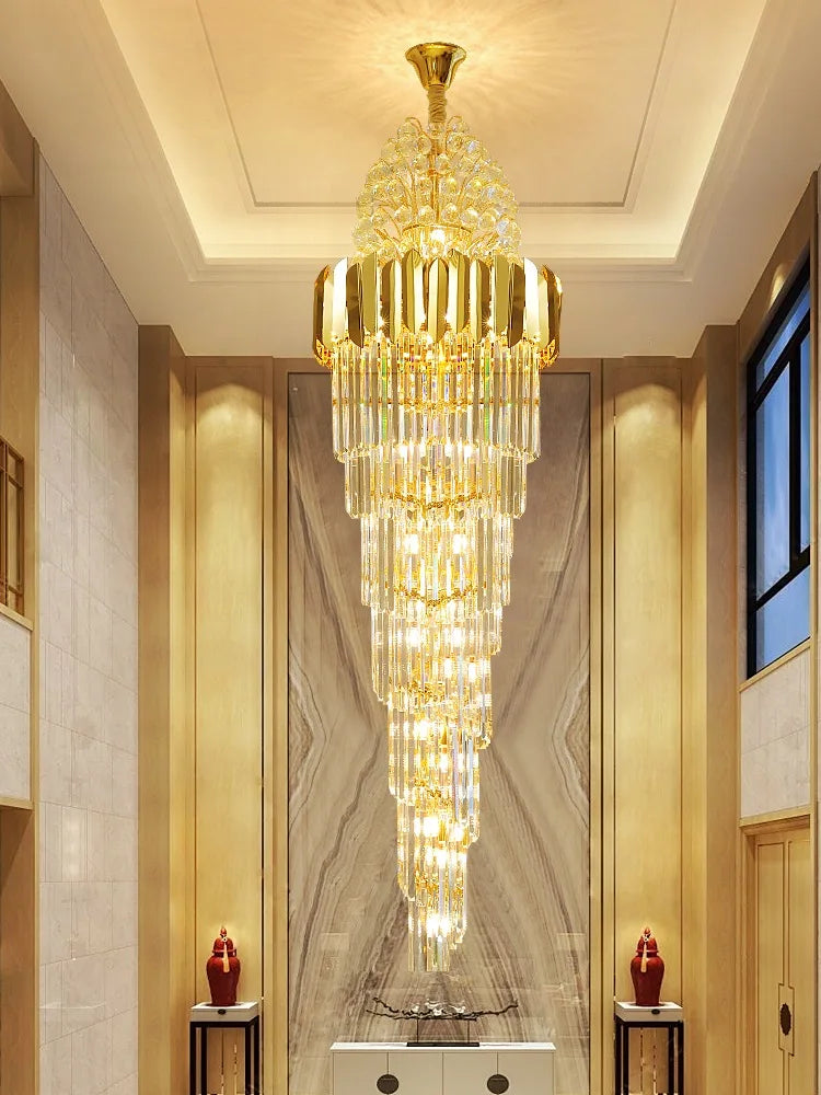 Luxurious Interior Hall Stairwell Golden Chandelier - Modern Elegance with Clean Crystal Ball Accents and LED Lighting