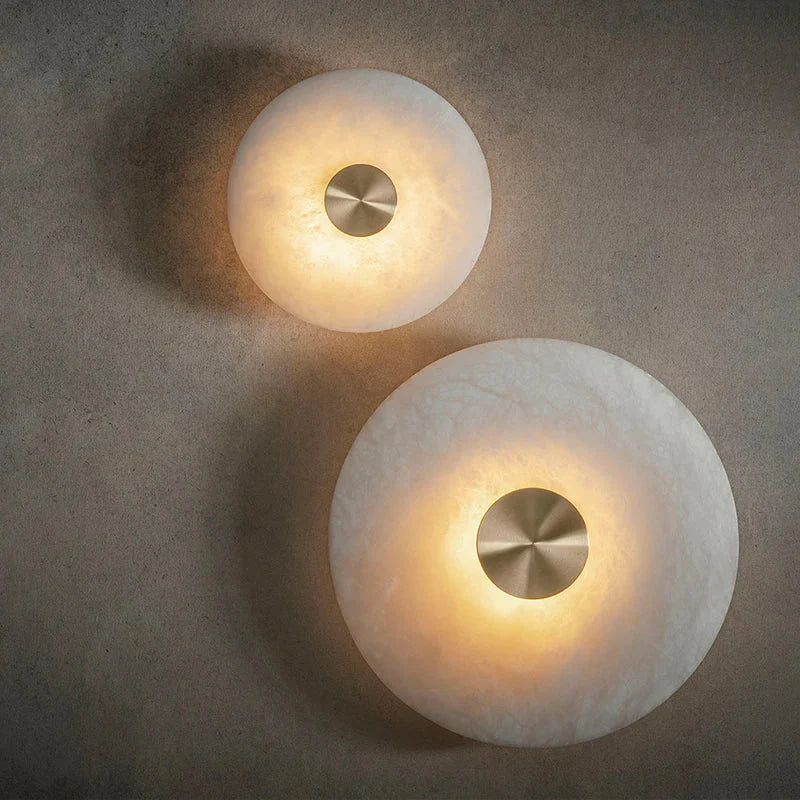 Art Deco Round LED Wall Sconce - Natural Marble and Brass Elegance for Parlor, Aisle, and Corridor Atmosphere Decoration