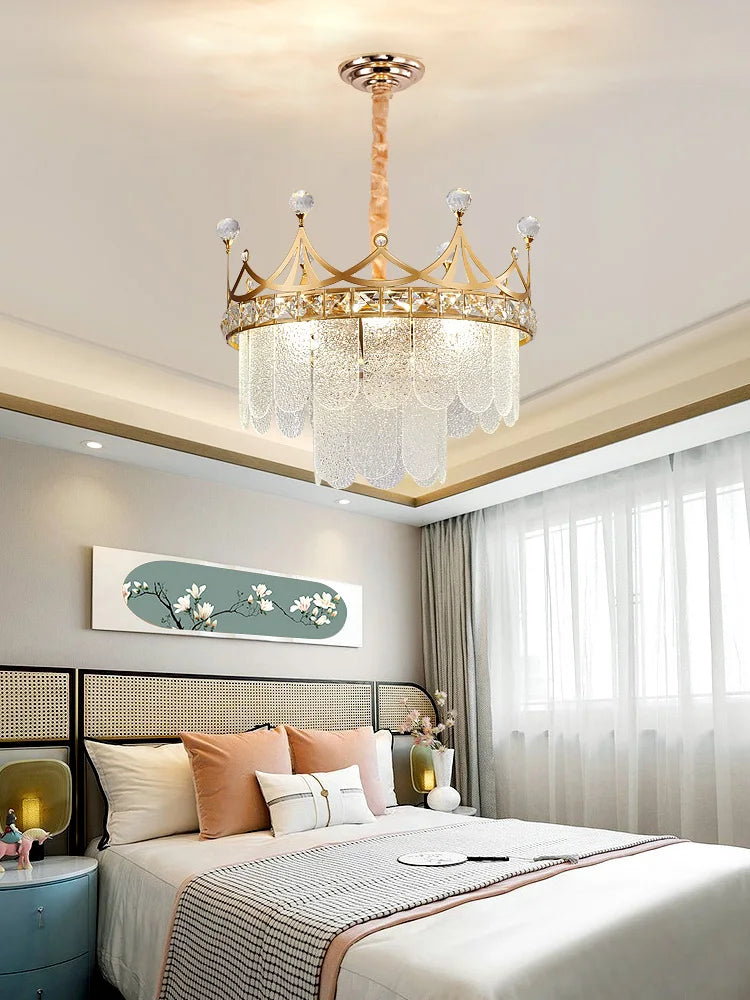 Elegant Modern Minimalist Crown K9 Crystal Chandelier - A Round Golden Fixture for Living Rooms and Bedrooms