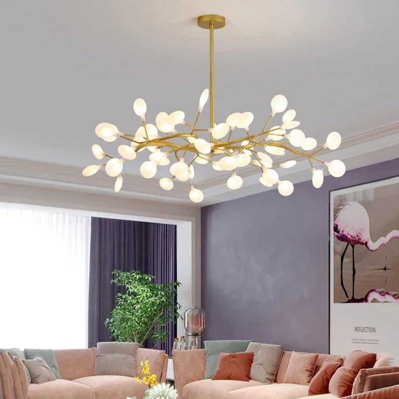 Modern Firefly LED Chandelier - Black and Gold Ceiling Pendant Lamp for Living Room, Bedroom, Hall, and Minimalist Home Decor Indoor Lighting