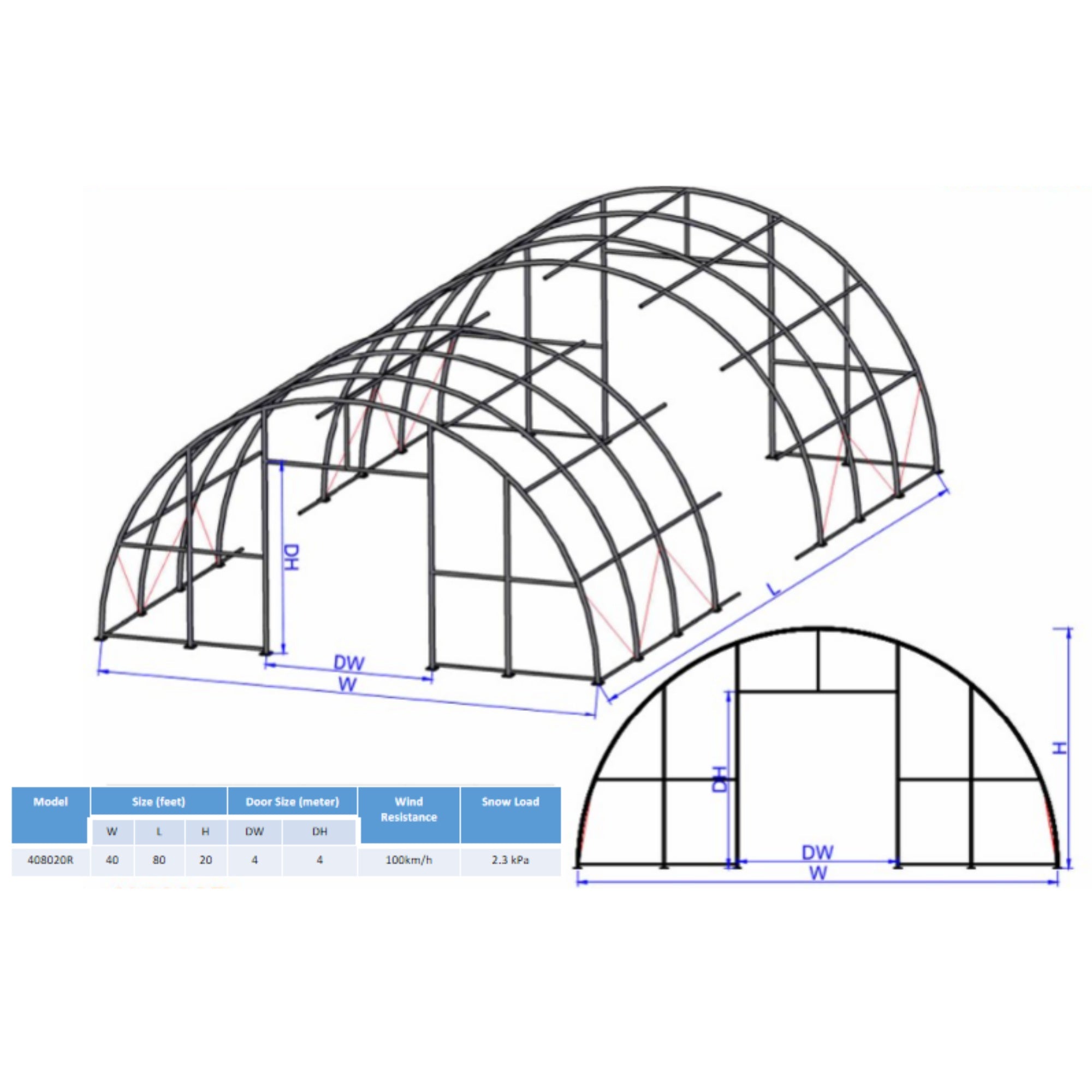 W40'xL80'xH20' Single Truss Arch Storage Shelter