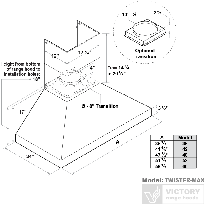 60 Inch 1200 CFM Wall Mount Range Hood - VICTORY TwisterMAX