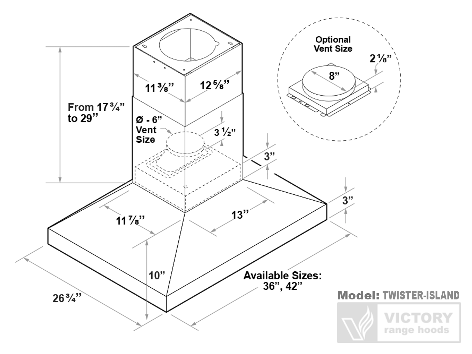 42 Inch Island Range Hood 750 CFM - VICTORY Twister Island