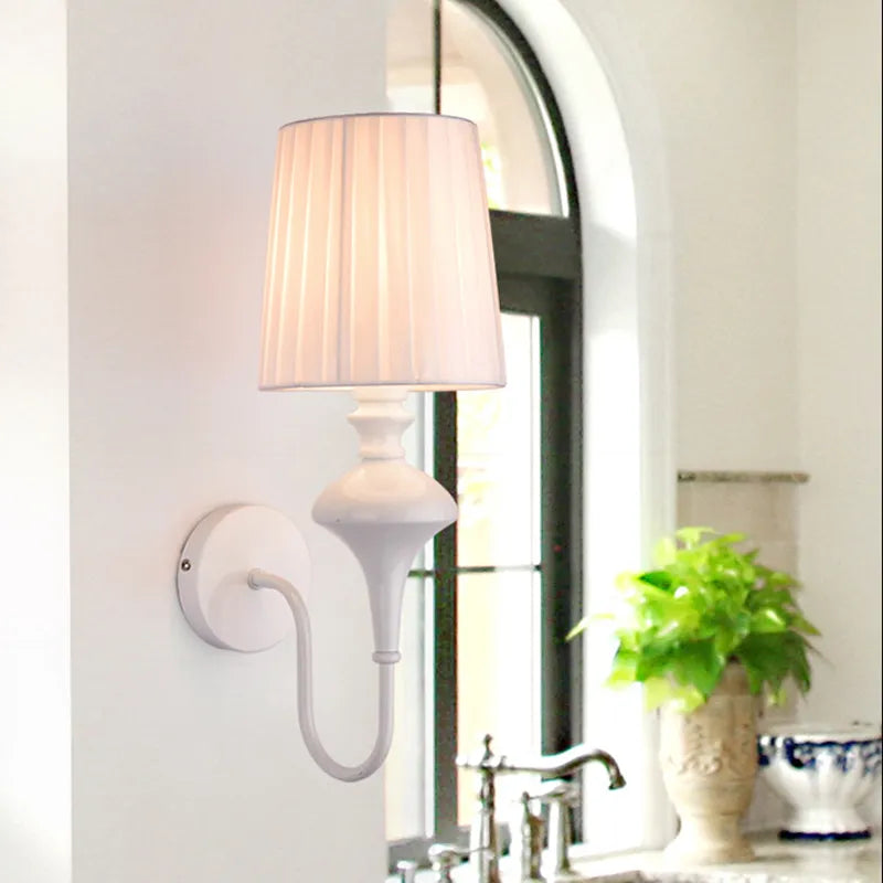 Modern Elegant White Fabric Shade Wall Lamps - 1-Light Romantic E14 Socket Bedside Sconce Light Fixture for Bedroom and Living Room