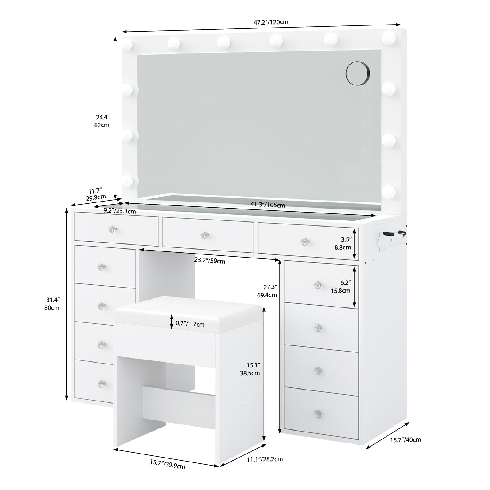 Vektaya US-VD003 Bedroom Makeup Vanity desk with LED Mirror, 11 Drawers