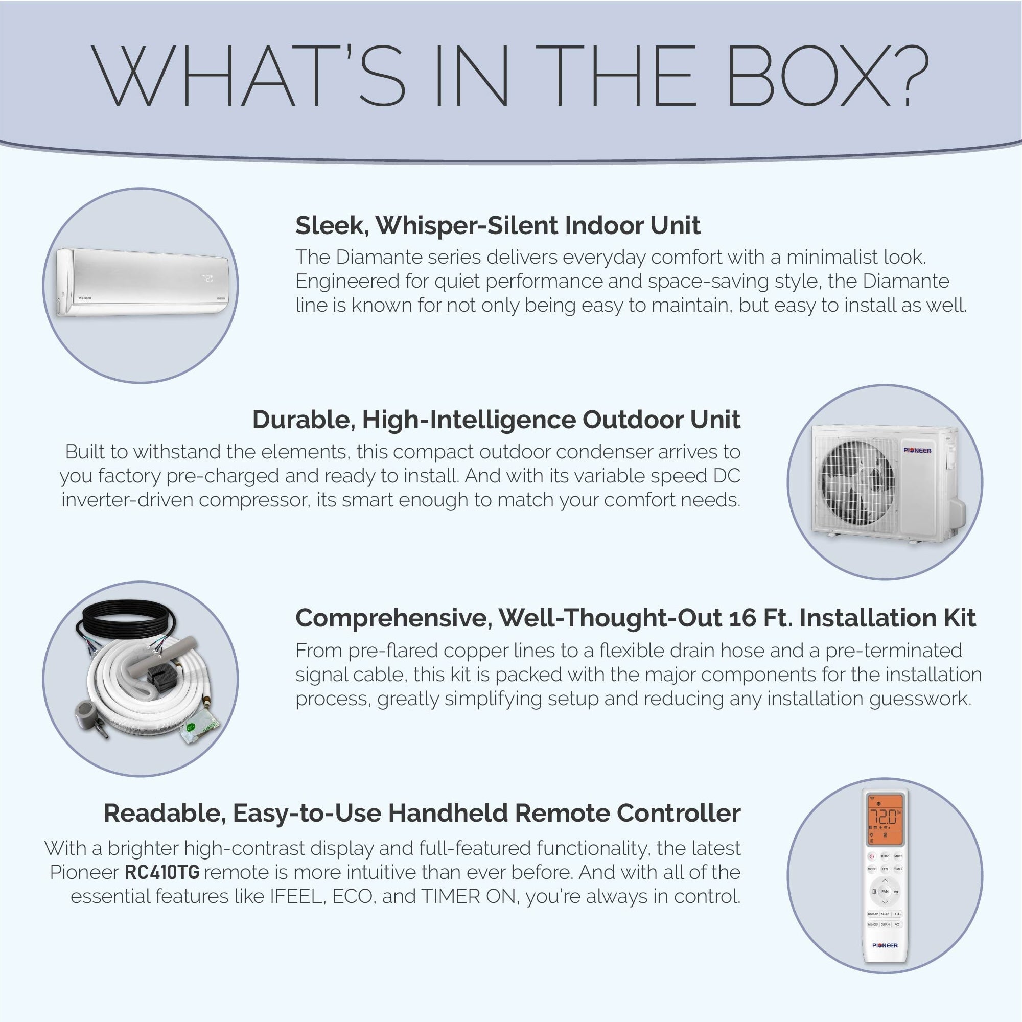 Pioneer® Diamante Essenza™ 35,000 BTU 17 SEER2 230V High-Wall Ductless Mini-Split Air Conditioner Inverter Heat Pump with 16 Ft. Kit