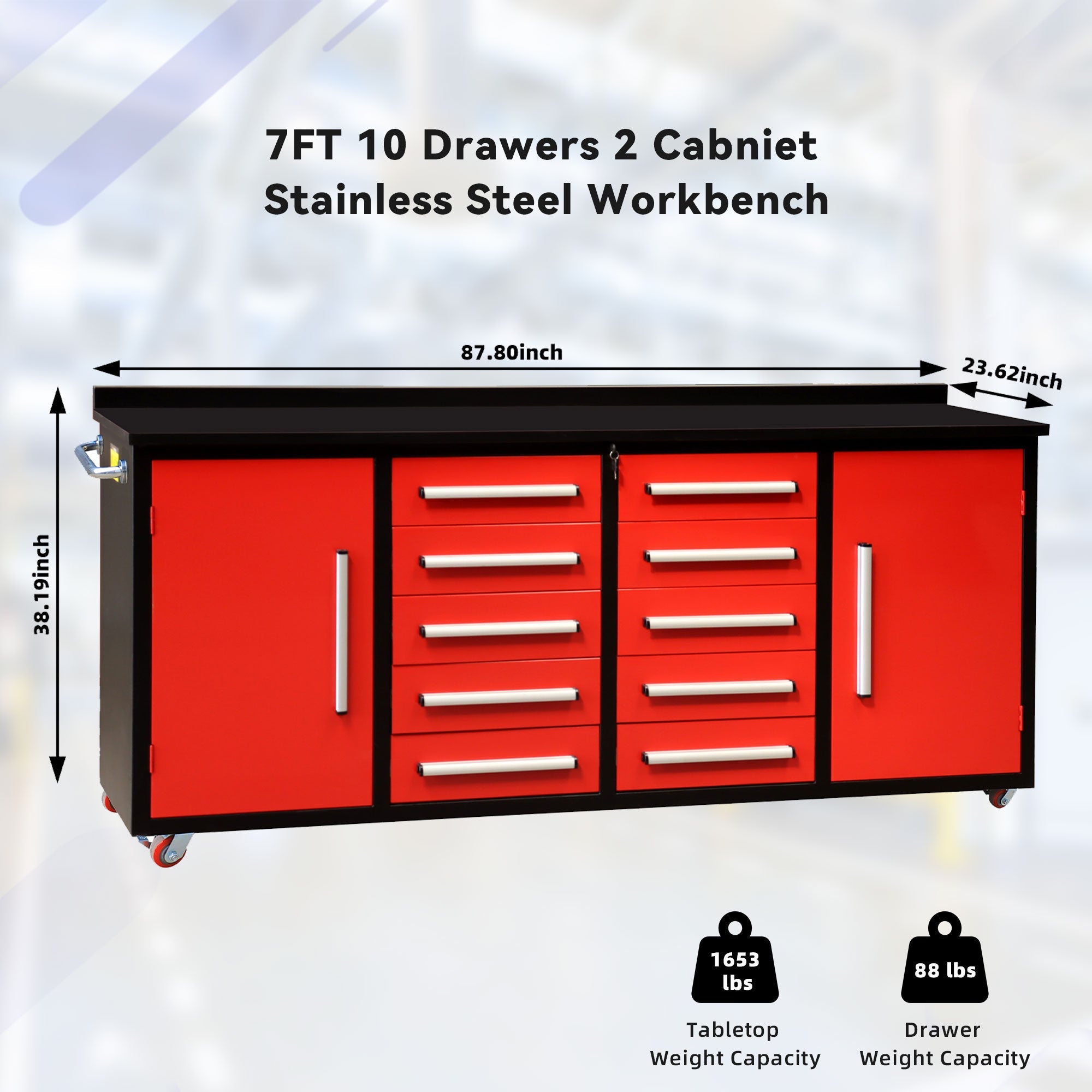 7ft Heavy Duty Workbench with 10 Drawers & 2 Cabinets