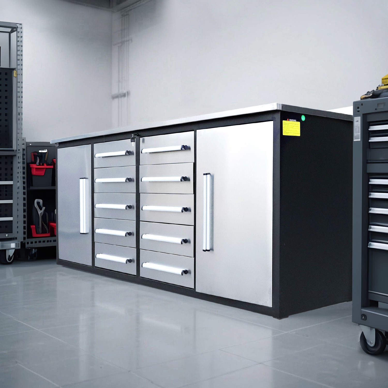 7ft Heavy Duty Workbench with 10 Drawers & 2 Cabinets