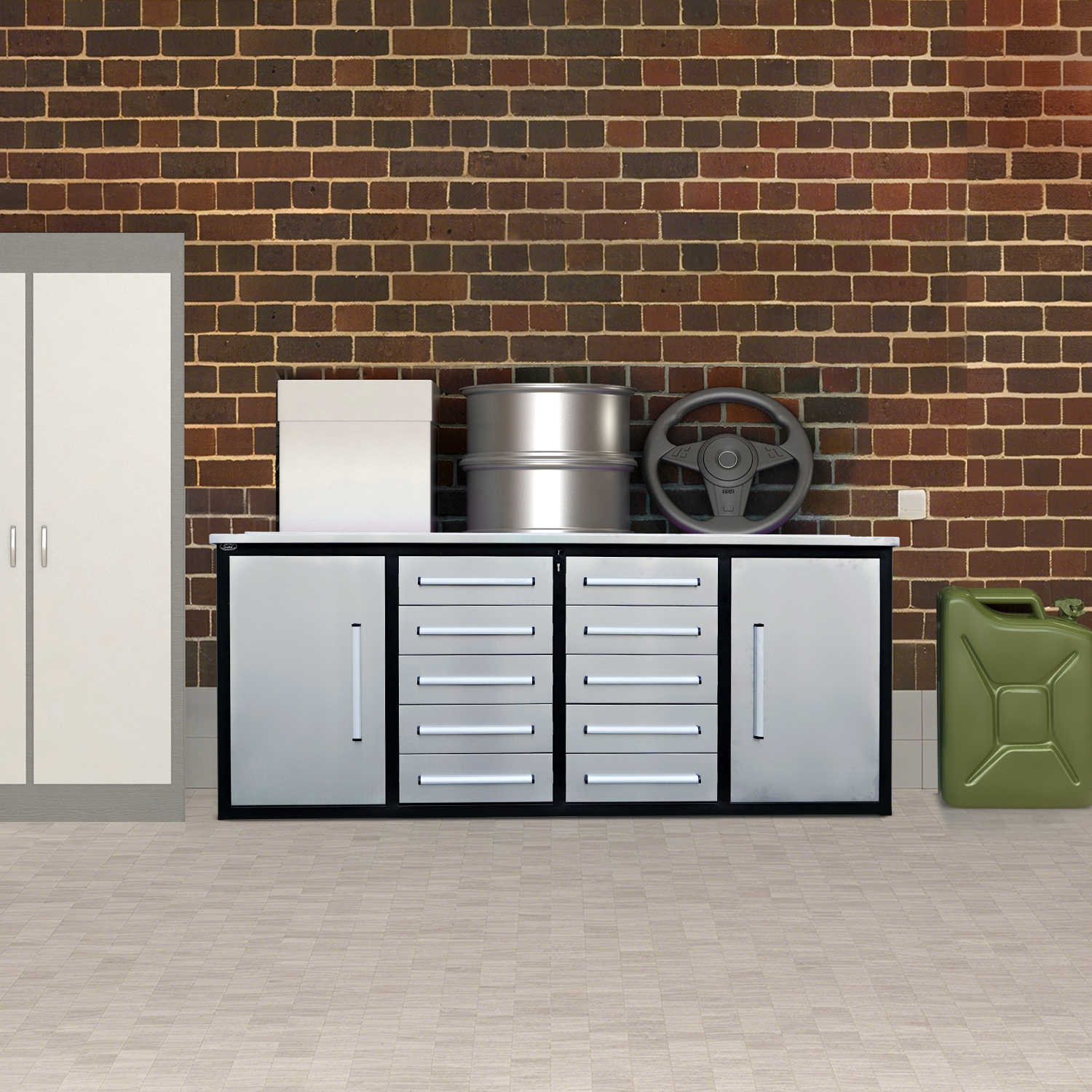 7ft Heavy Duty Workbench with 10 Drawers & 2 Cabinets