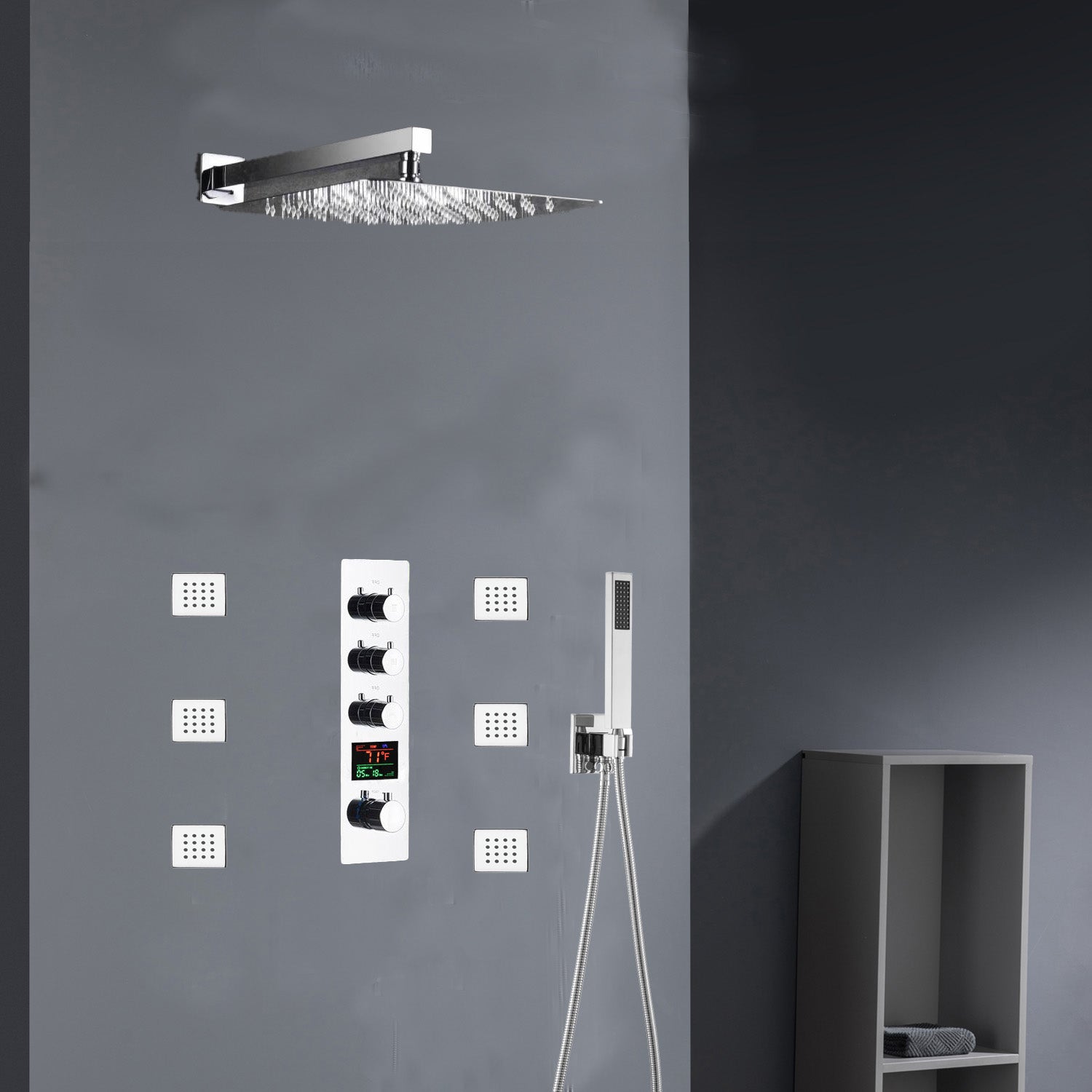 Chrome 12inch LED light or 6 inch regular head Wall mount 3 way thermostatic shower faucet with 6 body jets and sliding bar