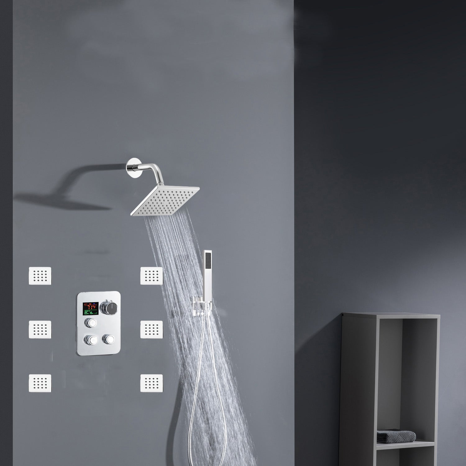 Chrome 12inch LED light or 6 inch regular head Wall mount 3 way thermostatic shower faucet with 6 body jets and sliding bar