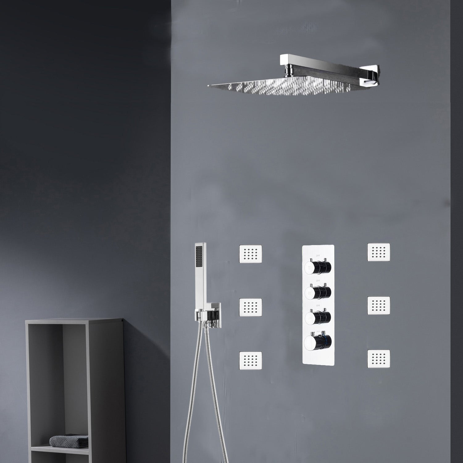 Chrome 12inch LED light or 6 inch regular head Wall mount 3 way thermostatic shower faucet with 6 body jets and sliding bar