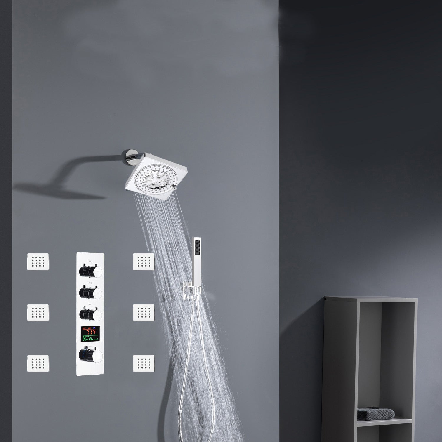 Chrome 12inch LED light or 6 inch regular head Wall mount 3 way thermostatic shower faucet with 6 body jets and sliding bar