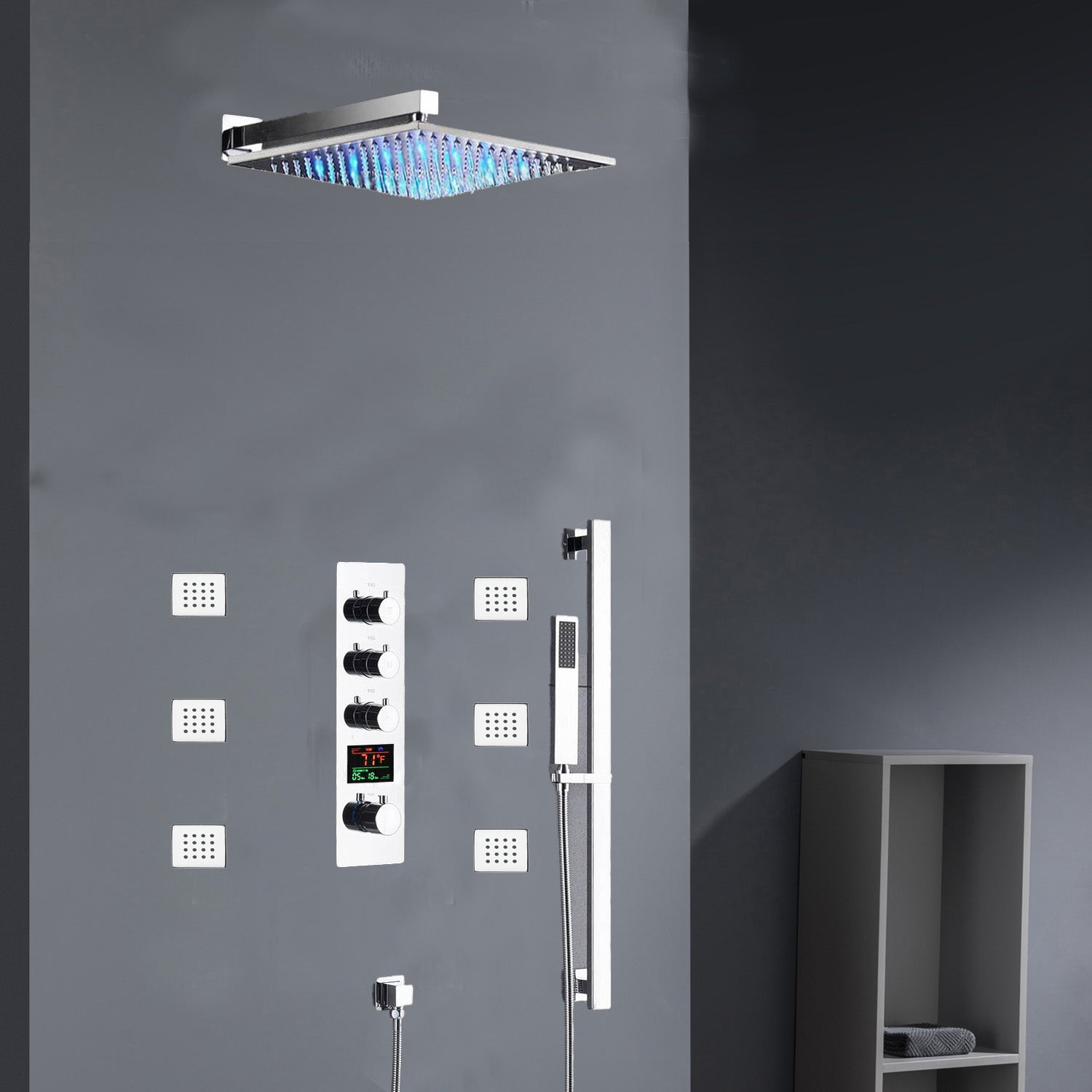 Chrome 12inch LED light or 6 inch regular head Wall mount 3 way thermostatic shower faucet with 6 body jets and sliding bar