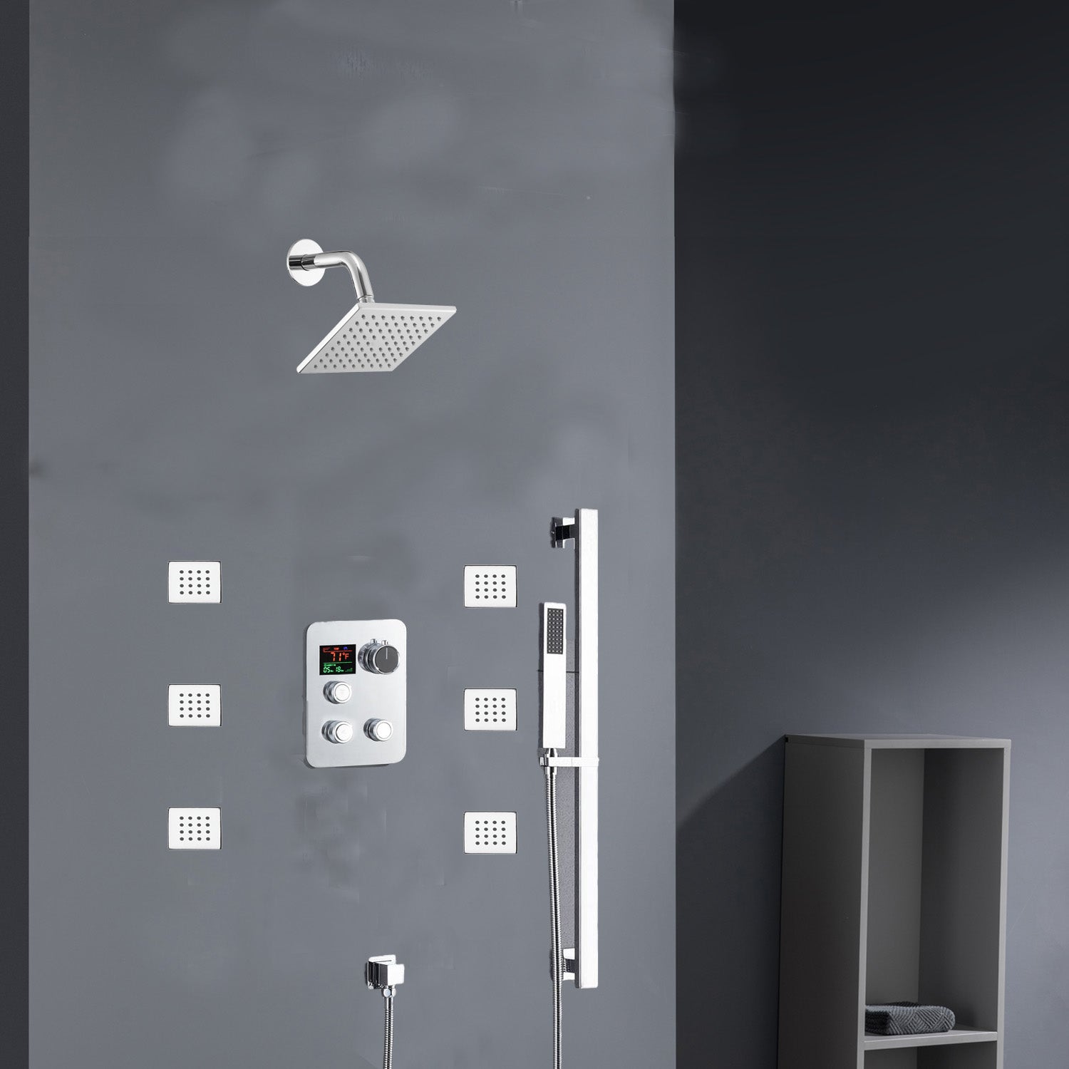 Chrome 12inch LED light or 6 inch regular head Wall mount 3 way thermostatic shower faucet with 6 body jets and sliding bar