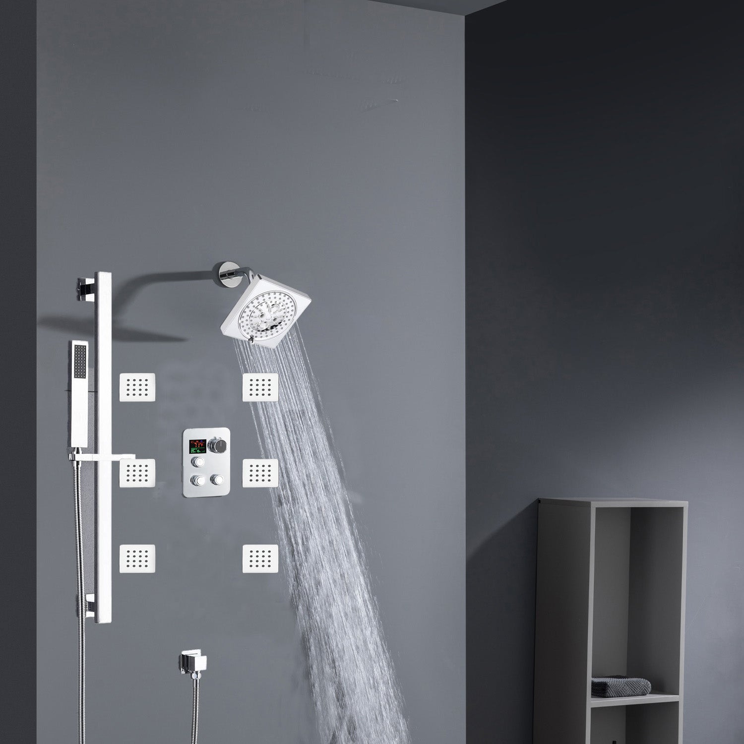 Chrome 12inch LED light or 6 inch regular head Wall mount 3 way thermostatic shower faucet with 6 body jets and sliding bar