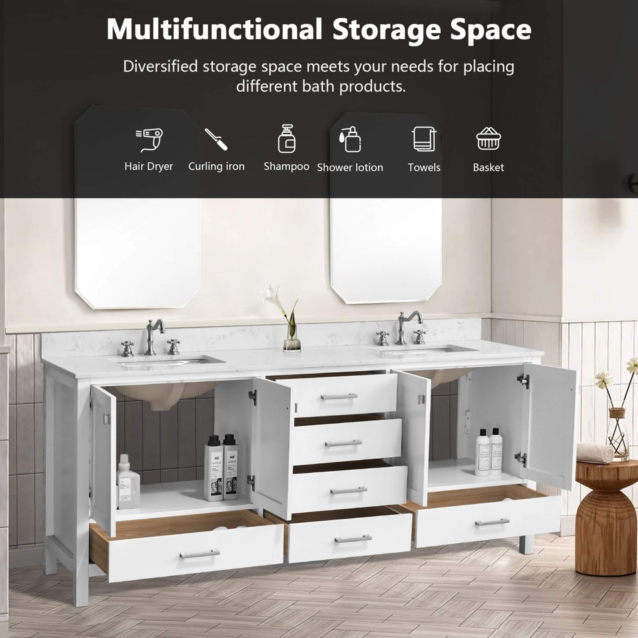 Alora 84-Inch Double Basin Freestanding Bathroom Vanity With Solid Wood Frame [No Faucet] (SAK81794)